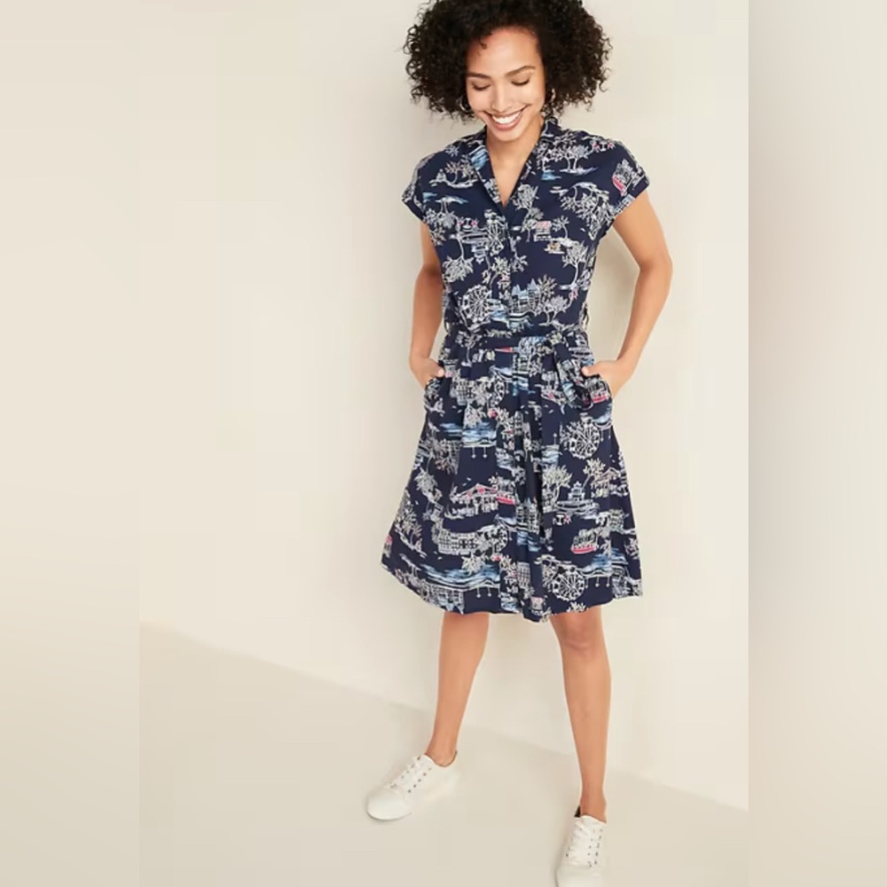 Old Navy Scenic Village Waist Defined Tie Belt Shirt Dress - Medium Petite